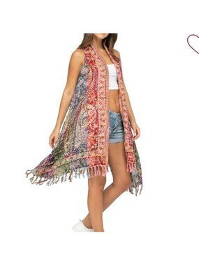Raj Bohemian Embroidered Paisley Fringe Open Vest  Multicolor